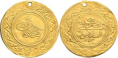 Early Medieval & Islamic ISLAMIC, Ottoman Empire. Mahmud I, AH 1143-1168 / AD 1730-1754. 1 1/2 Altin (Gold, 30 mm, 4.60 g, 12 h), Islambul, AH 1143 = AD 1730. Pere 549. Sultan 1025. Holed and with min
