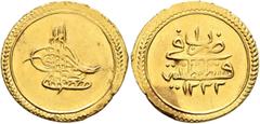 Early Medieval & Islamic ISLAMIC, Ottoman Empire. Mustafa IV, AH 1222-1223 / AD 1807-1808. Findik (Gold, 20 mm, 3.17 g, 12 h), Qustantiniya, AH 1222 = AD 1807 / RY 1 = AH 1222. Pere 726. Sultan 1583. 