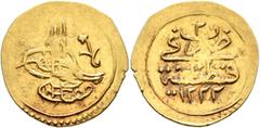 Early Medieval & Islamic ISLAMIC, Ottoman Empire. Mustafa IV, AH 1222-1223 / AD 1807-1808. 1/4 Findik (Gold, 15 mm, 0.80 g, 12 h), Qustantiniya, AH 1222 = AD 1807 / RY 2 = AH 1223. Pere 727. Sultan 15