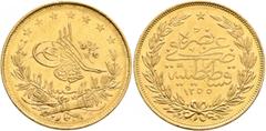 Early Medieval & Islamic ISLAMIC, Ottoman Empire. 'Abd al-Majid I, AH 1255-1277 / AD 1839-1861. 100 Kurush (Gold, 22 mm, 7.23 g, 12 h), Qustantiniya, AH 1255 = AD 1839 / RY 5 = AH 1259. Pere 878. Sult