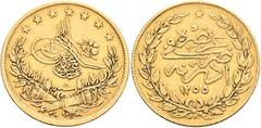 Early Medieval & Islamic ISLAMIC, Ottoman Empire. 'Abd al-Majid I, AH 1255-1277 / AD 1839-1861. 100 Kurush (Gold, 22 mm, 7.18 g, 12 h), Qustantiniya, AH 1255 = AD 1839 / RY 8 = AH 1262. Pere -. Sultan