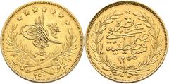 Early Medieval & Islamic ISLAMIC, Ottoman Empire. 'Abd al-Majid I, AH 1255-1277 / AD 1839-1861. 250 Kurush (Gold, 27 mm, 18.00 g, 12 h), Qustantiniya, AH 1255 = AD 1839 / RY 18 = AH 1273. Pere 877. Su