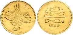 Early Medieval & Islamic ISLAMIC, Ottoman Empire. 'Abd al-'Aziz, AH 1277-1293 / AD 1861-1876. 5 Kurush (Gold, 13 mm, 0.43 g, 12 h), Misr, AH 1277 = AD 1861 / RY 3 = AH 1279. Pere 924. Sultan 295. Ligh