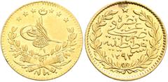 Early Medieval & Islamic ISLAMIC, Ottoman Empire. Murad V, AH 1293 / AD 1876. 25 Kurush (Gold, 15 mm, 1.75 g, 12 h), Qustantiniya, AH 1293 = AD 1876 / RY 1 = AH 1293. Pere 960. Sultan 385. Minor trace