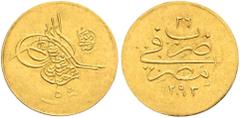 Early Medieval & Islamic ISLAMIC, Ottoman Empire. 'Abd al-Hamid II, AH 1293-1327 / AD 1876-1909. 5 Kurush (Gold, 12 mm, 0.43 g, 12 h), Misr, AH 1293 = AD 1876 / RY 26 = AH 1318. Pere 977. Sultan 612. 