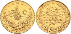 Early Medieval & Islamic ISLAMIC, Ottoman Empire. 'Abd al-Hamid II, AH 1293-1327 / AD 1876-1909. 100 Kurush (Gold, 22 mm, 7.25 g, 12 h), Qustantiniya, AH 1293 = AD 1876 / RY 32 = AH 1324. Pere 970. Su