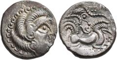 Celtic CELTIC, Northwest Gaul. Coriosolites. Circa 100-50 BC. Stater (Silver, 20 mm, 6.07 g, 1 h), 'au nez pointé' type. Celticized male head to right, the hair in in large spiral curls and with an S-