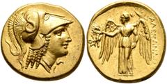 Greek KINGS OF MACEDON. Alexander III ‘the Great’, 336-323 BC. Stater (Gold, 19 mm, 8.59 g, 3 h), uncertain mint in western Asia Minor. Head of Athena to right, wearing crested Corinthian helmet decor