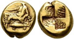 Greek MYSIA. Kyzikos. Circa 550-450 BC. Hemihekte – 1/12 Stater (Electrum, 9 mm, 1.29 g). Dionysos seated left, holding kantharos in his right hand; below, tunny to left. Rev. Quadripartite incuse squ