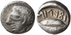 Greek LYDIA. Uncertain. Ifes, Lydian usurper (?), circa 450/425-400 BC. Hemiobol (Silver, 7 mm, 0.53 g, 8 h). Youthful male head to left. Rev. 𐤦𐤱𐤤𐤩𐤦𐤪 ('ifelim' in Lydian) Grain of wheat. CNG E-A