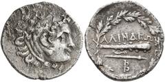 Greek CARIA. Alinda. 2nd century BC. Drachm (Silver, 18 mm, 4.00 g, 3 h), Attic standard. Head of Herakles to right, wearing lion skin headdress. Rev. AΛINΔEΩN Club above thyrsos (?); below, B or mono