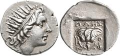 Greek ISLANDS OFF CARIA, Rhodos. Rhodes. Circa 88-84 BC. Drachm (Silver, 17 mm, 2.38 g, 11 h), 'Plinthophoric' coinage. Maes, magistrate. Radiate head of Helios to right. Rev. ΜΑΗΣ / P - O Rose with b