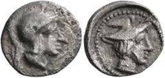 Greek LYCIA. Patara. Circa 400-380 BC. Diobol (Silver, 12 mm, 1.11 g, 2 h). Head of Athena to right, wearing crested Attic helmet. Rev. Head of Hermes to right, wearing winged petasos, all within circ