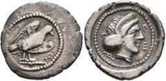 Greek LYCIA. Pinara. Circa 400-380 BC. Diobol (Silver, 14 mm, 1.30 g, 11 h). 𐊓 ('p' in Lycian) Eagle standing right with wings spread; to right, diskeles. Rev. 𐊓𐊆 ('pi' in Lycian) Incuse female hea