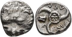 Greek DYNASTS OF LYCIA. Vekhssere II, circa 410-390/80 BC. 1/3 Stater (Silver, 14 mm, 3.07 g). Facing lion's scalp. Rev. 𐊇-𐊁𐊜𐊖𐊖-𐊁𐊕𐊁 ('wexssere' in Lycian) Triskeles with central ring of dots; 