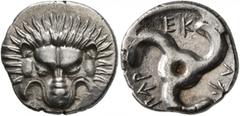 Greek DYNASTS OF LYCIA. Perikles, circa 380-360 BC. 1/3 Stater (Silver, 15 mm, 2.83 g). Facing lion's scalp. Rev. 𐊓𐊁𐊕-𐊆𐊋-𐊍𐊁 ('Perikle' in Lycian) Triskeles. BMC 155-7. Müseler VIII, 47-51. SNG 