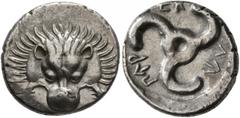 Greek DYNASTS OF LYCIA. Perikles, circa 380-360 BC. 1/3 Stater (Silver, 15 mm, 2.84 g). Facing lion's scalp. Rev. 𐊓𐊁𐊕-𐊆𐊋-𐊍𐊁 ('Perikle' in Lycian) Triskeles. BMC 155-7. Müseler VIII, 47-51. SNG 