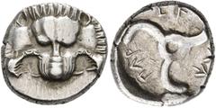 Greek DYNASTS OF LYCIA. Perikles, circa 380-360 BC. 1/3 Stater (Silver, 15 mm, 2.90 g). Facing lion's scalp. Rev. 𐊓𐊁𐊕-𐊆𐊋-𐊍𐊁 ('Perikle' in Lycian) Triskeles. BMC 155-7. Müseler VIII, 47-51. SNG 