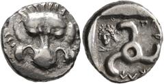 Greek DYNASTS OF LYCIA. Perikles, circa 380-360 BC. 1/3 Stater (Silver, 14 mm, 3.00 g, 5 h). Facing lion's scalp. Rev. 𐊓𐊁-𐊕-𐊁𐊋𐊍𐊁 ('Perikle' in Lycian) Triskeles; to left, laureate and draped bu