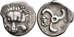 Greek DYNASTS OF LYCIA. Perikles, circa 380-360 BC. 1/3 Stater (Silver, 15 mm, 2.94 g, 8 h). Facing lion's scalp. Rev. 𐊓𐊁-𐊆𐊋𐊍𐊁 ('Perikle' in Lycian) Triskeles; to left, facing laureate and drape