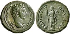 Roman Provincial THRACE. Philippopolis. Marcus Aurelius, as Caesar, 139-161. Tetrassarion (Bronze, 26 mm, 11.42 g, 1 h). M AYPHΛIOC OYHPOC KAICAP Bare head of Marcus Aurelius to right, with slight dra