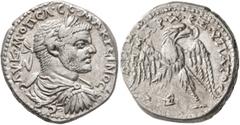 Roman Provincial MESOPOTAMIA. Edessa. Macrinus, 217-218. Tetradrachm (Billon, 26 mm, 14.39 g, 1 h). ΑΥ•Κ•Μ ΟΠЄΛ•CЄ•ΜΑΚΡЄΙΝΟC Laureate, draped and cuirassed bust of Macrinus to right, seen from behind.