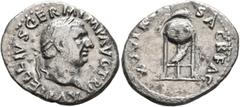 Roman Imperial Vitellius, 69. Denarius (Silver, 20 mm, 3.18 g, 6 h), Rome, late April-20 December 69. A VITELLIVS GERMAN IMP TR P Laureate head of Vitellius to right. Rev. XV VIR SACR FAC Tripod with 