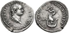 Roman Imperial Titus, 79-81. Denarius (Silver, 19 mm, 3.43 g, 1 h), Rome, 80. IMP TITVS CAES VESPASIAN AVG P M Laureate head of Titus to right. Rev. TR P IX IMP XV COS VIII P P Dolphin coiled around a