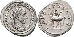 Roman Imperial Trajan Decius, 249-251. Antoninianus (Silver, 24 mm, 4.79 g, 5 h), Rome. IMP C M Q TRAIANVS DECIVS AVG Radiate and cuirassed bust of Trajan Decius to right, seen from behind. Rev. ADVEN
