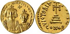 Byzantine Constans II, with Constantine IV, 641-668. Solidus (Gold, 20 mm, 4.48 g, 7 h), Constantinopolis, 654-659. δ N CONSTANTINЧS C CONSTANTI Crowned and draped bust of Constans facing, with long b