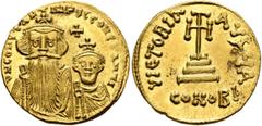 Byzantine Constans II, with Constantine IV, 641-668. Solidus (Gold, 20 mm, 4.50 g, 7 h), Constantinopolis, 654-659. δ N CONSTANTINЧS C CONSTANTI Crowned and draped bust of Constans facing, with long b