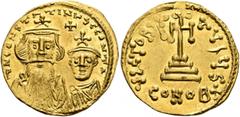 Byzantine Constans II, with Constantine IV, 641-668. Solidus (Gold, 20 mm, 4.43 g, 6 h), Constantinopolis, 654-659. δ N CONSTANTINЧS C CONT' Crowned and draped bust of Constans II facing, with long be