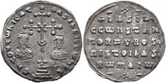 Byzantine Basil II Bulgaroktonos, with Constantine VIII, 976-1025. Miliaresion (Silver, 22 mm, 2.40 g, 1 h), Constantinopolis, 989-1025. ЄҺ TOVTω ҺICAT' - baSILЄI C CωҺST Cross crosslet, with X at cen