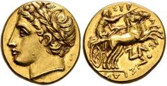 The Birger Bentsen Collection SICILY. Syracuse. Agathokles, 317-289 BC. 50 Litrai or Dekadrachm (Gold, 15 mm, 4.23 g, 4 h), circa 317-310. Laureate head of Apollo to left. Rev. ΣYP-A-KO-ΣIΩN Chariotee