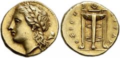 The Birger Bentsen Collection SICILY. Syracuse. Agathokles, 317-289 BC. 50 Litrai or Hemistater (Electrum, 15 mm, 3.60 g, 6 h), circa 310-306/5. Laureate head of Apollo to left; behind, Corinthian hel