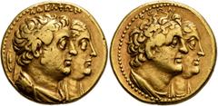 The Birger Bentsen Collection PTOLEMAIC KINGS OF EGYPT. Ptolemy II Philadelphos, with Arsinöe II, Ptolemy I, and Berenike I, 285-246 BC. Mnaieion or Oktadrachm (Gold, 27 mm, 27.71 g, 1 h), Alexandria,