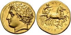 Greek SICILY. Syracuse. Agathokles, 317-289 BC. 50 Litrai or Dekadrachm (Gold, 16 mm, 4.27 g, 9 h), circa 317-310. Laureate head of Apollo to left. Rev. ΣYP-A-KO-ΣIΩN Charioteer driving fast biga to r