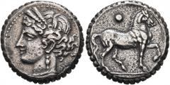 Greek CARTHAGE. Third Punic War. Circa 149-146 BC. Double Shekel (Billon, 25 mm, 13.23 g, 1 h), serrated edge. Head of Tanit to left, wearing wreath of grain ears, pendant earring and elaborate neckla