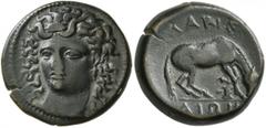 Greek THESSALY. Larissa. Circa 400-344 BC. Dichalkon (Bronze, 17 mm, 4.83 g, 6 h). Head of the nymph Larissa facing slightly to left, wearing ampyx, pendant earring and necklace. Rev. ΛΑΡΙΣ-ΑΙΩΝ Horse