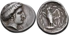 Greek ELIS. Olympia. 111th Olympiad, 336 BC. Stater (Silver, 25 mm, 12.00 g, 9 h), Hera mint. F-A Head of Hera to right, wearing ornamented stephanos inscribed F[AΛ]EIΩN, triple-pendant earring and pe