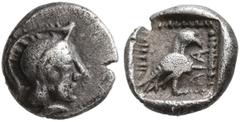Greek LYDIA. Uncertain. Aia..., circa 450-400 BC. Tetartemorion (Silver, 7 mm, 0.31 g, 11 h). Head of Athena to right, wearing crested Attic helmet. Rev. 𐤠𐤦𐤠 ('aia' in Lydian) Eagle standing right 
