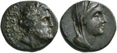 Greek LYCIA. Bubon (?). 2nd-1st century BC. AE (Bronze, 20 mm, 7.76 g, 12 h). BOY Laureate head of Zeus to right. Rev. Veiled head of Demeter to right. Lindgren III 1638 (as uncertain). Very rare. Som