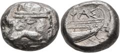 Greek LYCIA. Phaselis. Circa 500-440 BC. Stater (Silver, 19 mm, 11.00 g, 1 h). Forepart of a galley to left, terminating in a boar's forepart. Rev. ΘAΣ Stern of a galley to right; all within incuse sq