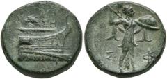 Greek LYCIA. Phaselis. Circa 221/0-190 BC. AE (Bronze, 17 mm, 4.43 g, 12 h). ΦΑΣΗ Prow to right. Rev. Σ-Φ Athena advancing right, wielding spear in her right hand and holding shield in her left. Heipp