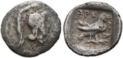 Greek LYCIA. Xanthos. Circa 400-380 BC. Hemiobol (Silver, 9 mm, 0.36 g, 7 h). Head of Athena to right, wearing crested Attic helmet. Rev. 𐊀𐊕𐊑𐊏𐊀 Eagle standing right; all within incuse square. Müs