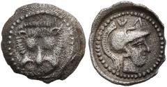 Greek LYCIA. Xanthos (?). Circa 400-380 BC. Obol (Silver, 11 mm, 0.47 g, 2 h). Facing lion's scalp. Rev. 𐊜𐊁 Head of Athena to right, wearing crested Corinthian helmet; all within circular incuse. Mü