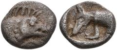 Greek DYNASTS OF LYCIA. Uncertain dynast, circa 480/70-430 BC. Hemiobol (Silver, 7 mm, 0.26 g, 12 h). Forepart of a boar to right. Rev. Head of hunting dog to left, wearing leash; all within incuse sq
