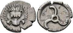 Greek DYNASTS OF LYCIA. Trbbenimi, circa 390-370 BC. 1/3 Stater (Silver, 18 mm, 3.13 g). Facing lion's scalp. Rev. 𐊗𐊕𐊂-𐊂𐊙𐊏-𐊆𐊎𐊆 ('Trbbãnimi' in Lycian) Triskeles. Müseler VIII, 24-27. SNG von 