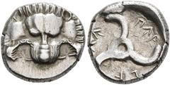 Greek DYNASTS OF LYCIA. Perikles, circa 380-360 BC. 1/3 Stater (Silver, 15 mm, 2.90 g). Facing lion's scalp. Rev. 𐊓𐊁𐊕-𐊆𐊋-𐊍𐊁 ('Perikle' in Lycian) Triskeles. BMC 155-7. Müseler VIII, 47-51. SNG 