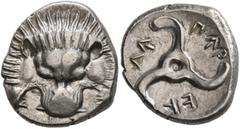 Greek DYNASTS OF LYCIA. Perikles, circa 380-360 BC. 1/3 Stater (Silver, 16 mm, 2.89 g). Facing lion's scalp. Rev. 𐊓𐊁𐊕-𐊆𐊋-𐊍𐊁 ('Perikle' in Lycian) Triskeles. BMC 155-7. Müseler VIII, 47-51. SNG 